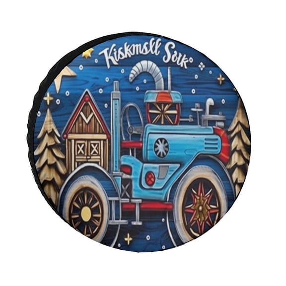 Wooden Christmas Farm Tractor Pattern Camping Spare Tire Cover Construction Car Harvester Tractor Polyester Universal Spare Wheel Tire Cover Wheel Covers for Camper Truck Travel Trailer 14inch