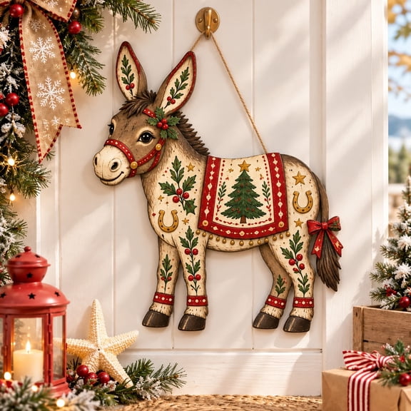 Wooden Christmas Hanging Door Sign, Festive Donkey Welcome Decor for Holiday Entryway
