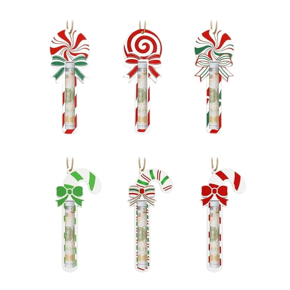 Wooden Christmas Hanging Ornament Money Holder with Roll and Insert Design for Bills Cards Notes plus Hanging Ribbon for Tree Mantel Festive Holiday Gift