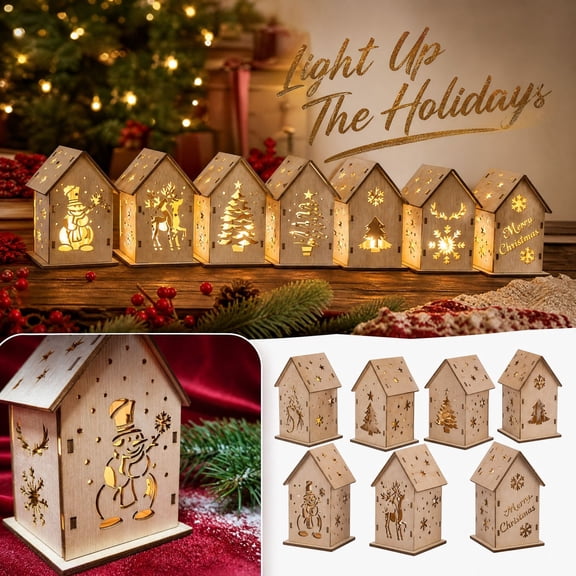Wooden Christmas House, Lighted Tabletop Decor, Rustic Mini Cabin Ornament with Warm Glow, Battery Operated Nightlight for Mantel Shelf Desk, 7 Random Styles