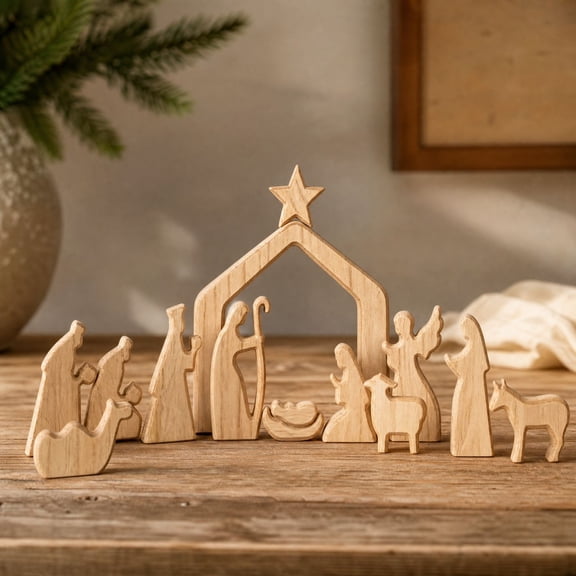 Wooden Christmas Nativity Scene Set, Christmas Decorations Indoor, 13Pcs Miniature Holy Family Figurines, Jesus Christian Religious Gift Decor for Mantle Shelf Home Office Table Centerpiece