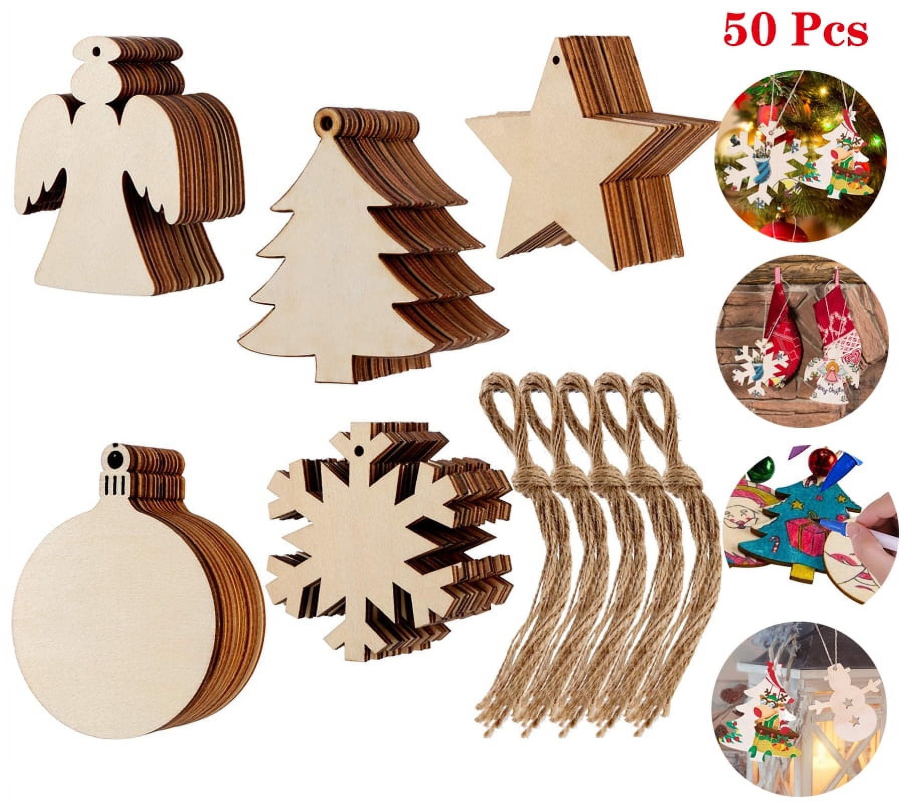 Homaful 50 Pcs Wooden Christmas Ornaments, Christmas Crafts for Kids, 5  Styles DIY Christmas Ornaments Kit with 50 Strings, Unfinished Wood Slice  for Hanging Holiday Decoration 