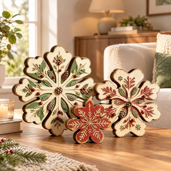 Snowflake With Design Wooden Christmas Ornaments Set of 3 with Vintage Snowflake Design, Red ...