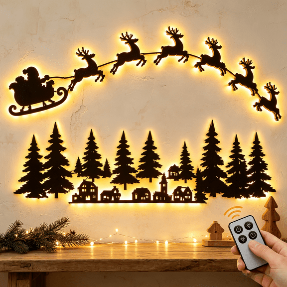 Wooden Christmas Reindeer Wall Decor, 60" Remote Control Lighted Reindeer Sleigh Tree Village Silhouette with Warm Glow for Home Decor & Xmas Gift