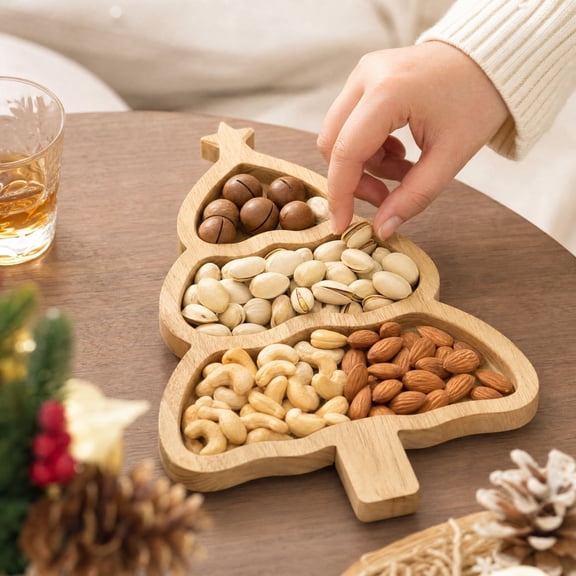 Wooden Christmas Serving Tray - Christmas Tree Shape Snack Holder for Tabletop Treats, Holiday Party Decor, Irregular Wood Platter for Nuts Candy