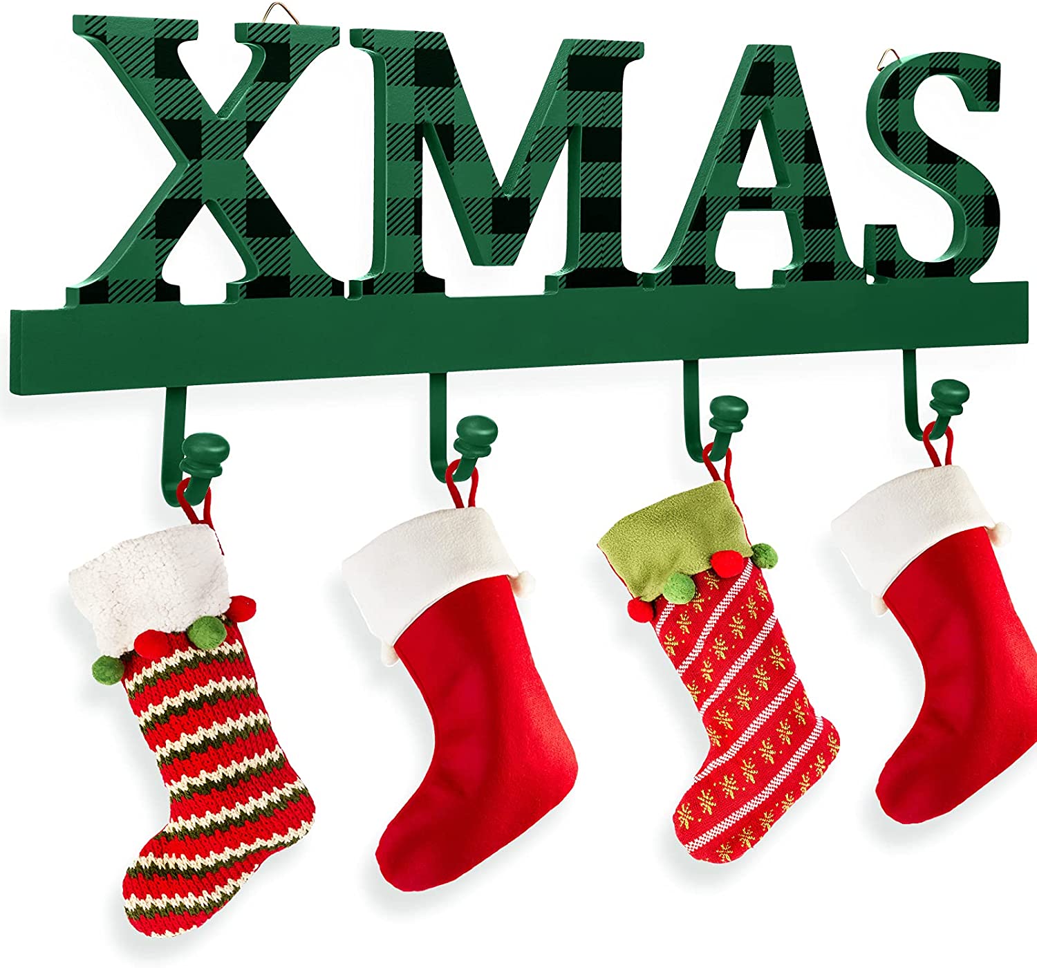 Wooden Christmas Stocking Holder Stand with 4 Hanger Hook Wood Xmas