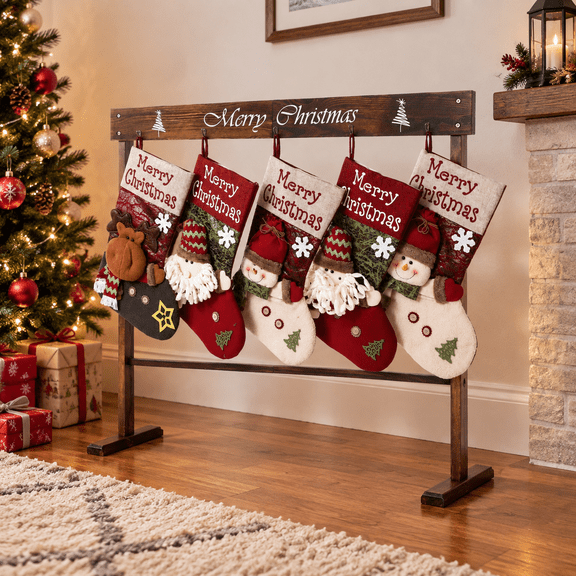 Wooden Christmas Stocking Holder Stand with 5 Hooks Freestanding Rustic Farmhouse Style
