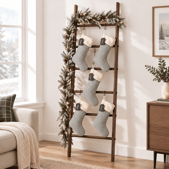 Wooden Christmas Stocking Ladder with Hooks and LED Lights, Farmhouse Holiday Decor