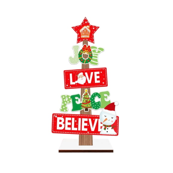 Wooden Christmas Tabletop Decoration Mini Desktop Ornament Holiday Atmosphere Tree Shaped Standing Sign for Home Office Party Display