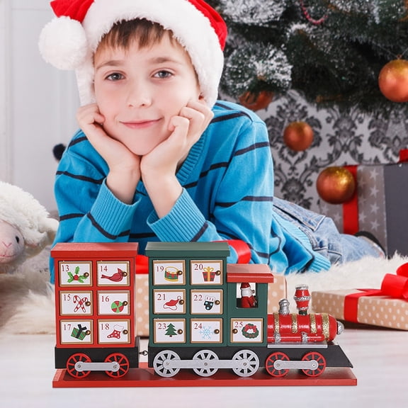 Wooden Christmas Train Countdown Calendar with 24 Drawers 16 Inch Tabletop Advent Decor