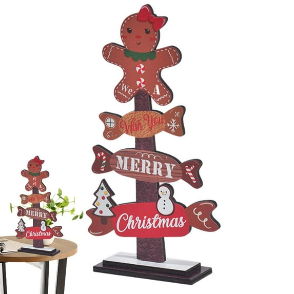 Wooden Christmas Tree ，Christmas Tree Table Decor Gingerbread Man on Topper ，Decorative Christmas Tiered Tray Decor Sign Holiday Ornament Party Favors for Desk Shelf