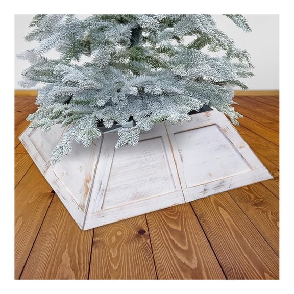 Wooden Christmas Tree Collar, 40 Inch Trapezoid Tree Skirt for 10 FT Trees, Tool-Free Assembly, Rustic Holiday Decor - Antique White