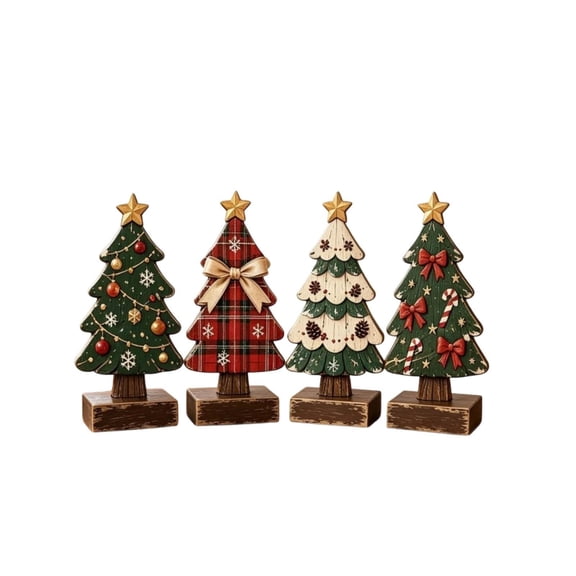 Wooden Christmas Tree Decor with Assorted Festive Patterns, Set of 4, Multicolor, for Home Office Desk Shelf Display, Tabletop Christmas Decorations