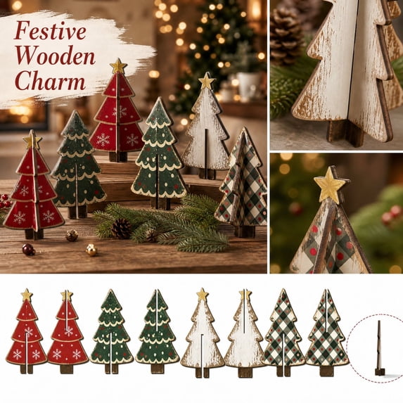 Wooden Christmas Tree Decorations Featuring Distressed Painted Finish, Rustic Farmhouse Decor for Holiday Table Decorations, Mini Christmas Tree Set of Two