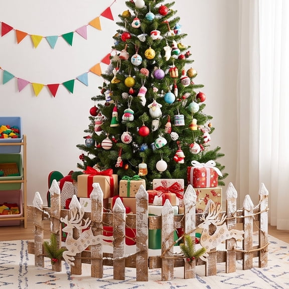 Wooden Christmas Tree Fence 39.4in Rustic Picket Fence with Nut Ornament Accents, Freestanding Holiday Base Decor for Indoor Party Display, Christmas Tree Surround