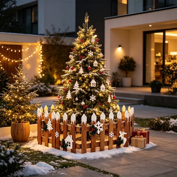 Wooden Christmas Tree Fence, Solid Wood Tree Base Skirt Cover, 38.5 x 11.8 Inch Freestanding Picket Fence for Indoor Holiday Decor, Fireplace & Yard