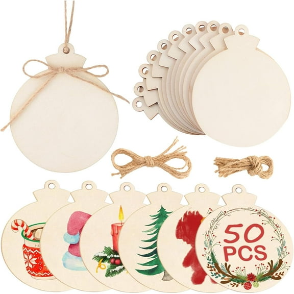 Wooden Christmas Tree Ornaments to Paint Christmas Decoration, Unfinished Wood Circles 3.5 x 4 inches, DIY Blank Unfinished Christmas Tree Wood Discs Ornament for Home Crafts Hanging（50PCS）