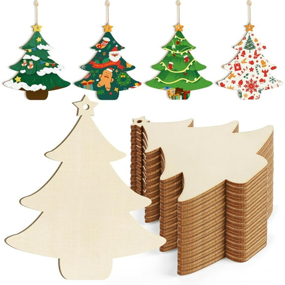 Wooden Christmas Tree Ornaments to Paint, Christmas Thanksgiving Decoration Cutouts Unfinished 10PCS 3.5 x 3 inches, DIY Blank Unfinished Christmas Tree Wood Discs Ornament for Home Crafts Hanging