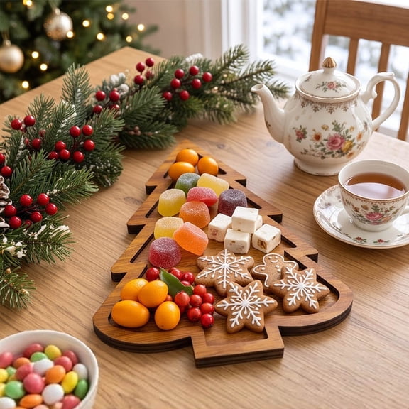 Wooden Christmas Tree Serving Tray, Divided Snack Platter for Holiday Cookies, Candy Display and Table Decor