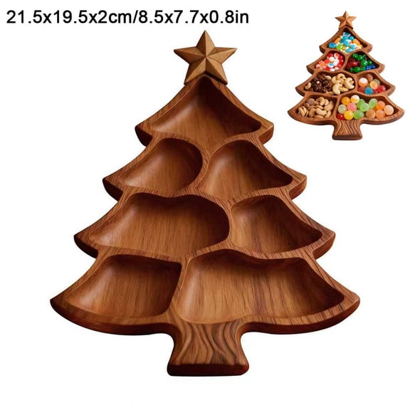 Wooden Christmas Tree Shaped Divided Serving Tray 2 Sizes Compartment Platter Fruit Snack Charcuterie Holiday Party Plate