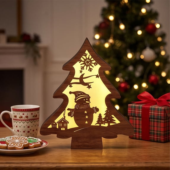 Wooden Christmas Tree Tabletop Decor, Battery Operated Lighted Centerpiece for Home Living Room Mantel Shelf, Holiday Party Decoration