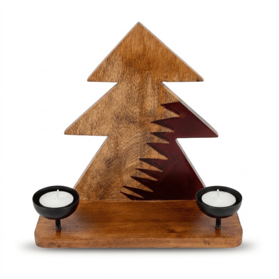 Wooden Christmas Tree Tea Light Candle Holder Handmade Wood & Resin Holiday Table Decor Centerpiece