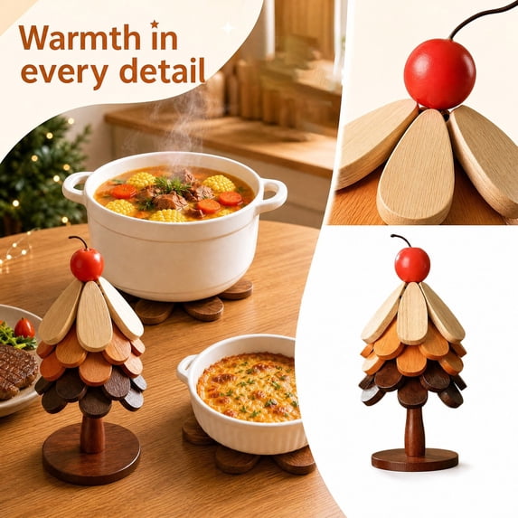 Timer Structure Design Wooden Christmas Tree Trivet with 5-Tier Layered Design, Wood with Red ...