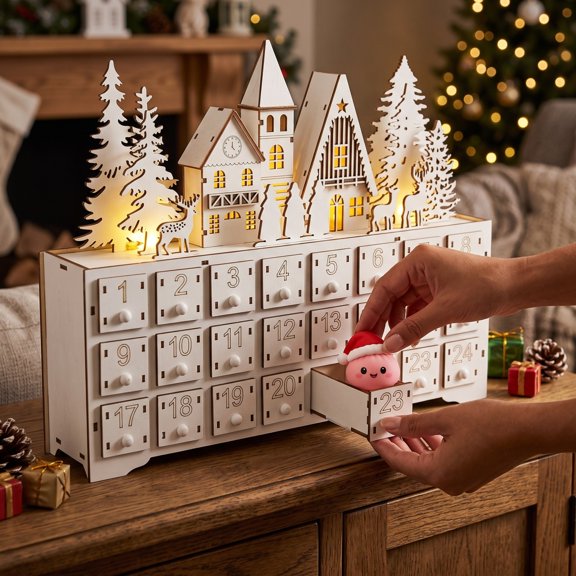 Wooden Christmas Village Advent Calendar LED Lighted 24 Drawer Countdown Calendar Tabletop Christmas Decor for Mantel Dining Entryway Holiday Display