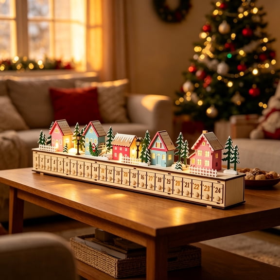 Wooden Christmas Village Advent Calendar, LED Lighted Holiday Countdown Calendar, 24 Drawers Decorative Display, Winter Scene Tabletop Decor, Festive Home Accent