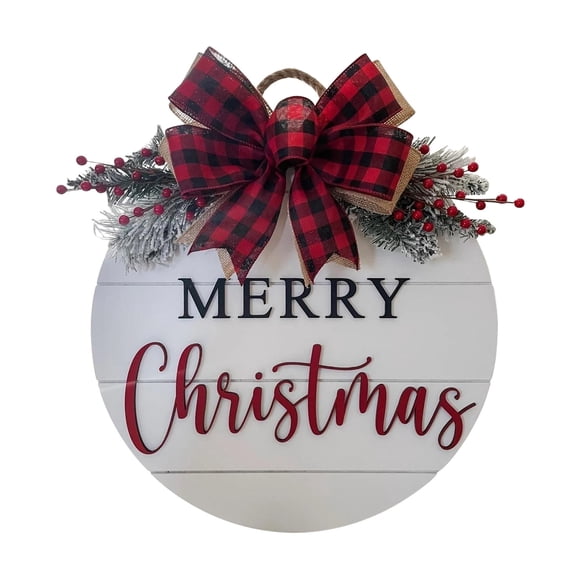 Wooden Merry Christmas Wreath Front Door Hanging Sign with Artificial Greenery Bow for Home Porch Indoor Outdoor Decor Holiday Gift