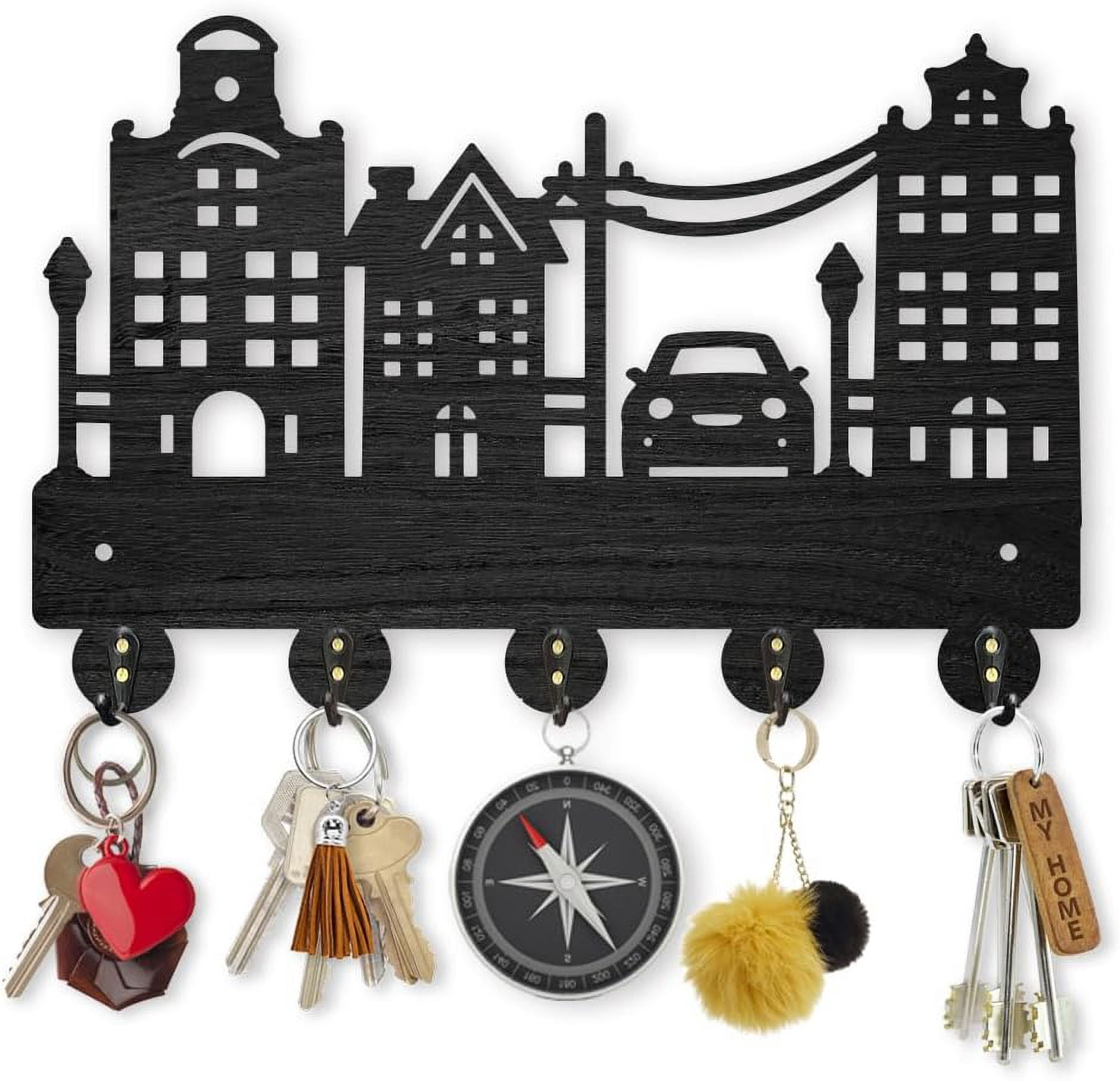 Ornate Key Racks Wooden Cityscape Wall Key Holder 11.8 x 7.9 inch Black Decorative Key ...