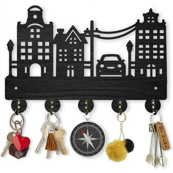 Wooden Cityscape Wall Key Holder 11.8 x 7.9 inch Black Decorative Key Rack with 5 Alloy Hooks for Entryway Bedroom Living Room Home Decor