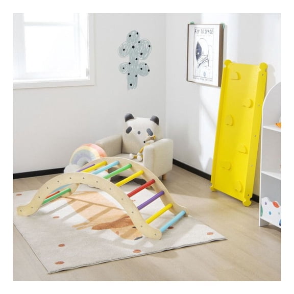 Wooden Climber Ladder - 3-in-1 Pikler Triangle for Toddlers, Climbing Arch & Ramp with Cushion - Indoor Play Structure for 1-8 Year Olds