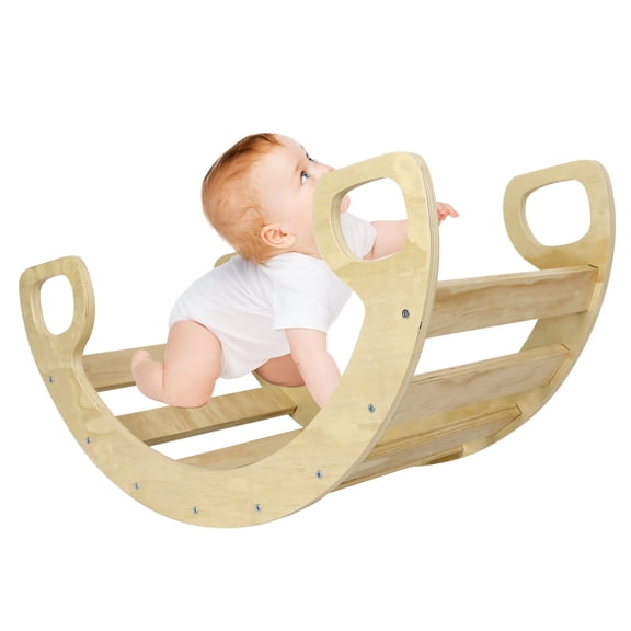Wooden Climbing Arch for Toddlers 3-in-1 Natural Wood Rocker Seesaw and Climbing Frame, Safe and Eco-Friendly for 1-3 Year Olds, Montessori Rocker Climber for Kids