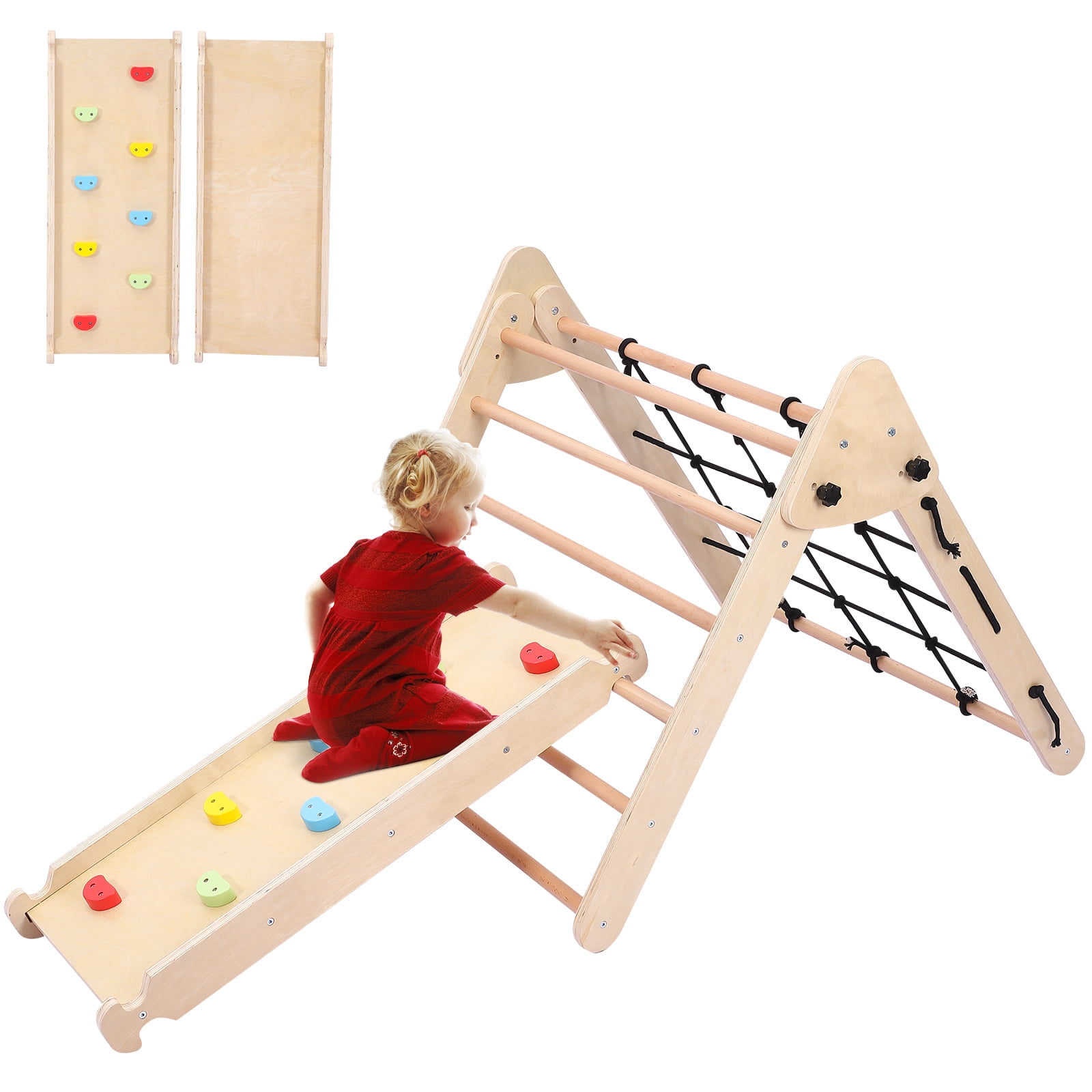 Wooden Climbing Toys, 2in1 Foldable Triangle Ladder Toy, with Ramp