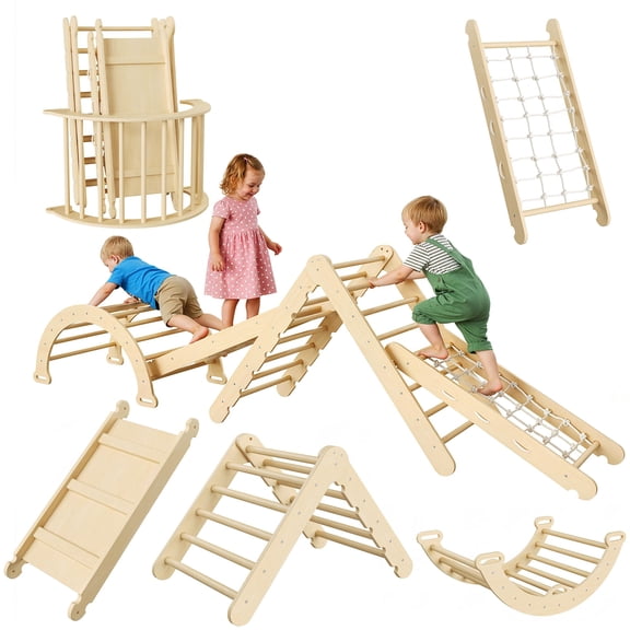 Wooden Climbing Triangle Jungle Gym 7-in-1 Collapsible for Toddlers with Arch Ramp Ladder, Educational Indoor Baby Fitness Play Equipment Natural Wood