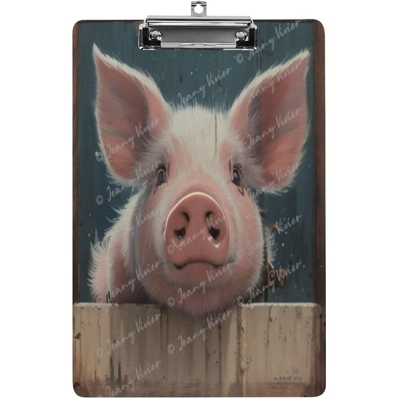 Wooden Clipboard,A4 Standard Size 9" x 12.5",Cute Animals Decorative Clipboards with Low Profile Metal Clip for Students,Nurse, Doctor,Women,Fashion Clipboard, Pig