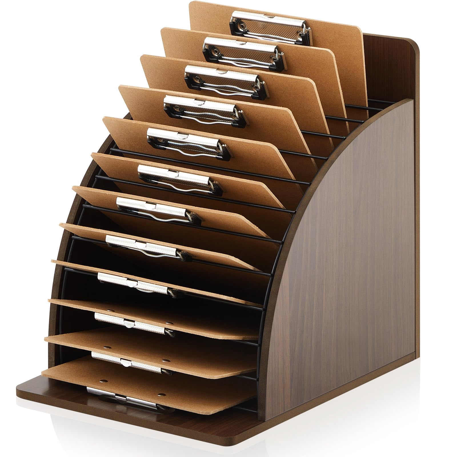 Wooden Clipboard Holder Storage Metal Rack With Raised Side Panel Organization For Classroom Office School Teacher  Clip Boards Not Included (walnut)