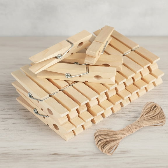 Wooden Clips with String, 50Pcs Large Clothes Pins, Natural Brown Photo Hanging Clip, Wooden Decoration Clips for DIY Crafts, Storage Bags, Cheer Pins, Hanging Clothes