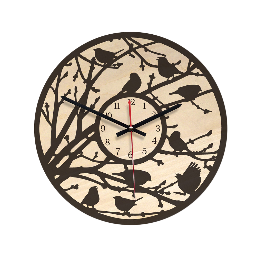 Wooden Clock Bird Tree Pattern Wall Clock Round Simplicity Hanging