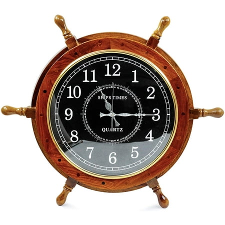 Wooden Clock Ship Wheel - (16 Inches, Black Numeric Dial) - SHIPS TIMES QUARTZ