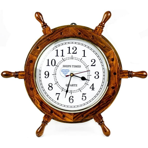 Nagina International Nautical Hand Crafted Wooden Ship Wheel with Quartz Times Wall Clock - Pirate Nursery Home Decor (16 Inches, White Dial Face)