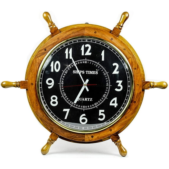 Nagina International Varnished Natural Wood Nautical Clock Ship Wheel with Black Time's Wall Decor Clock (16 Inches)