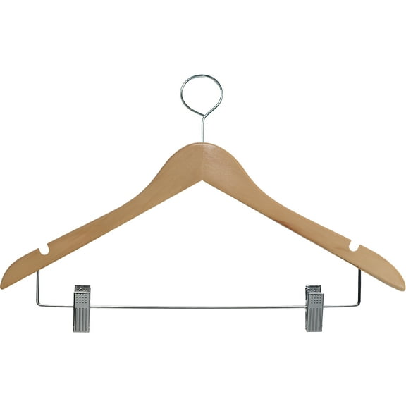 Wooden Closed Loop Hangers with Natural Finish and Adjustable Clips For Hotels And Hospitality, (Box of 100) High Quality Anti-Theft Security Hangers