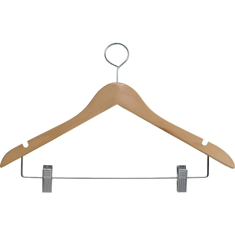Wooden Closed Loop Security Hangers for Hotels and Hospitality, High Quality Anti-Theft Security Hangers Natural Finish w/ Clips .75"(Box of 25)