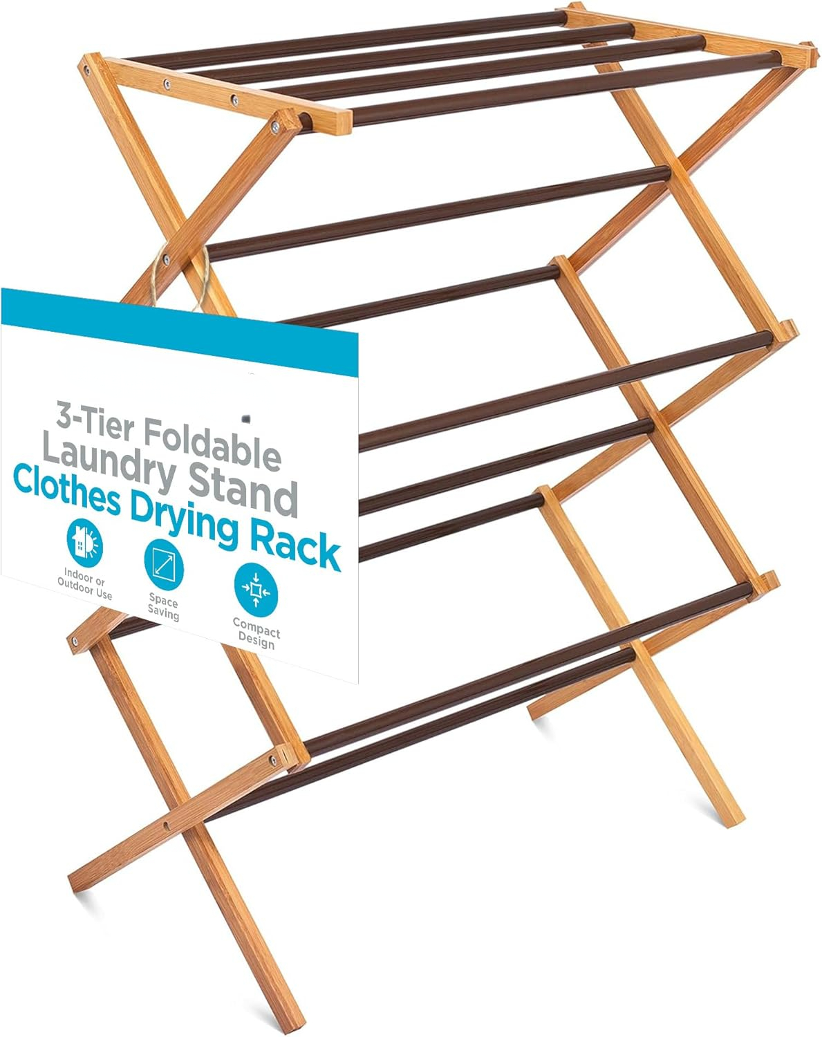 Wooden Clothes Drying Rack 3Tier Foldable Bamboo Laundry Stand