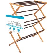 Wooden Clothes Drying Rack | 3-Tier Foldable Bamboo Laundry Stand | Water-Resistant, Fully Assembled, Collapsible Indoor/Outdoor Dryer for Hanging Clothes | Grey