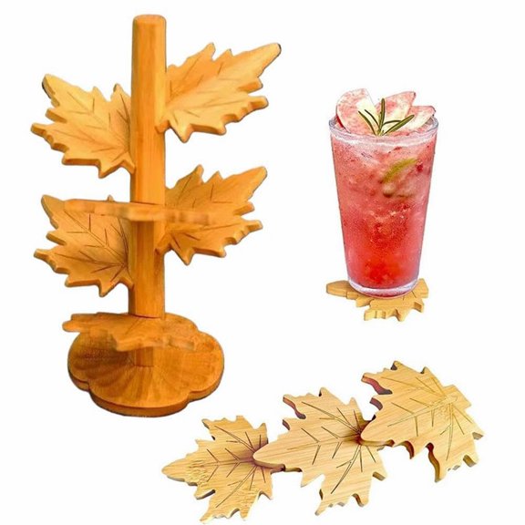 Wooden Coaster, Maple Leaf Shaped Tree Coaster, Wood Trivet Set for Hot Pots and Pans, Dishes, Heat Resistant Maple Design Pot Holders, Placemats for Kitchen Countertops, Dining Table, Counter
