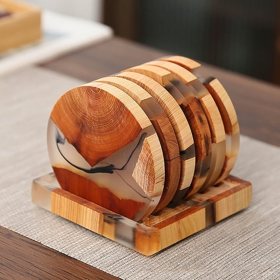 Wooden Coaster Set of 6 with Holder, Modern Epoxy Resin Coasters, Wooden Modern Drink Coaster for Tabletop Protection, Wooden Table Stone Table, Suitable for Kinds of Cups
