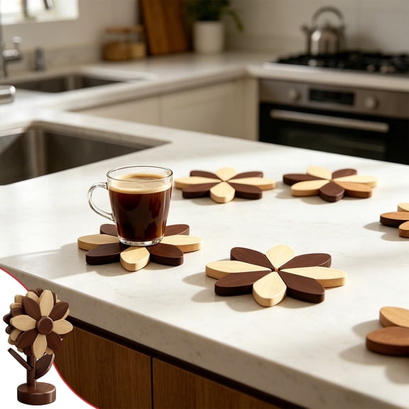 Wooden Coaster Set, Sunflower Drink Coasters, Heat Resistant Cup Mats With Decorative Design, Table Protection Pads For Coffee Tea Mugs Glasses Dining Table And Kitchen Counter